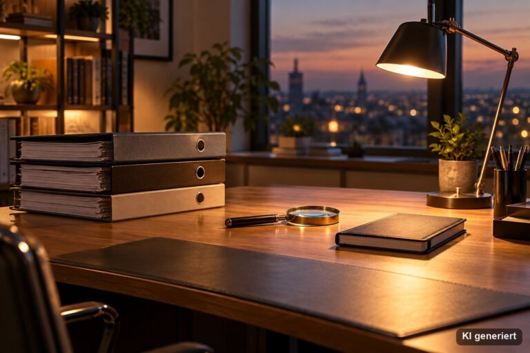 Aufgeräumter Büroschreibtisch am Abend mit Aktenordnern, Lupe, Schreibtischlampe und Notizbuch im warmen Licht