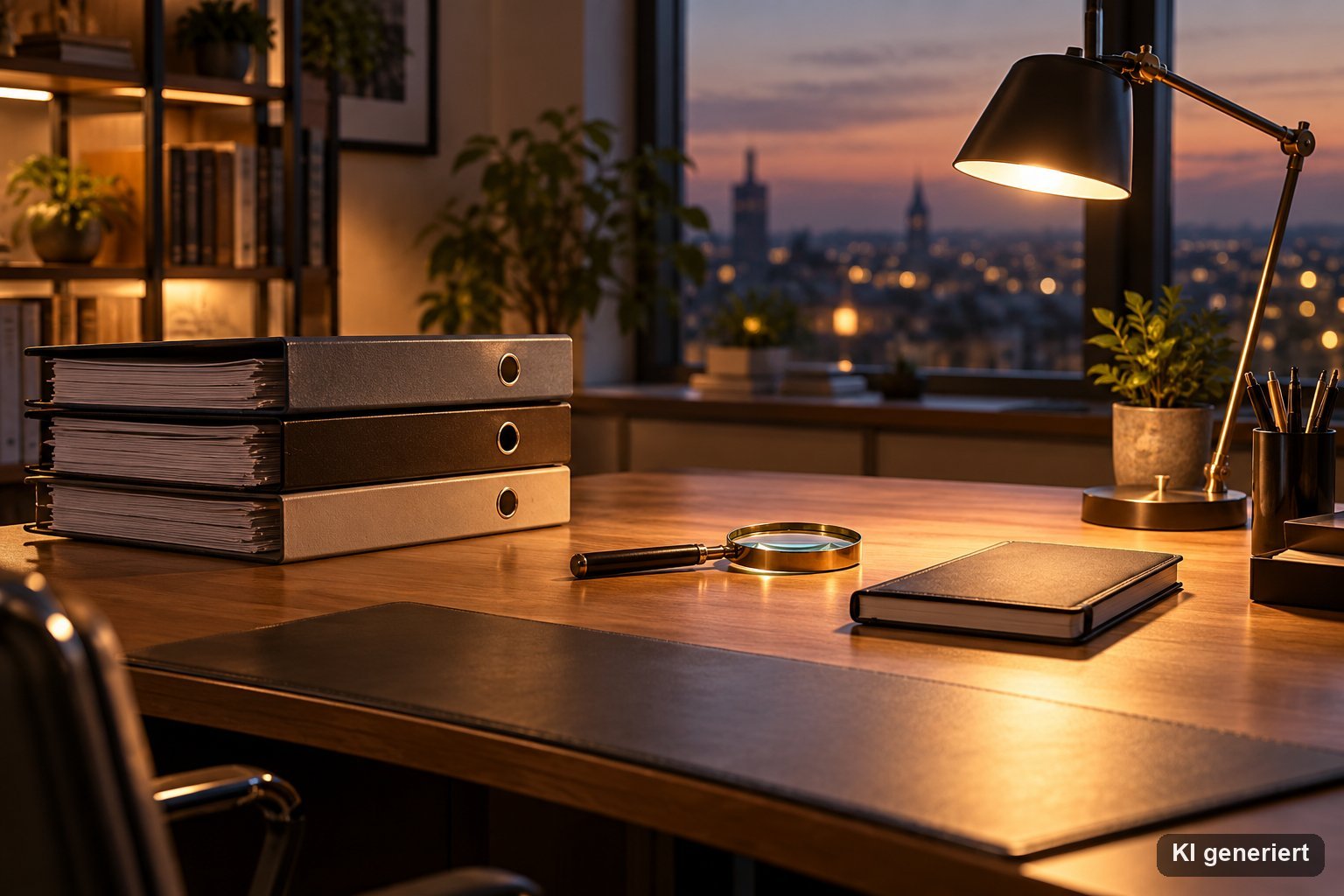Aufgeräumter Büroschreibtisch am Abend mit Aktenordnern, Lupe, Schreibtischlampe und Notizbuch im warmen Licht