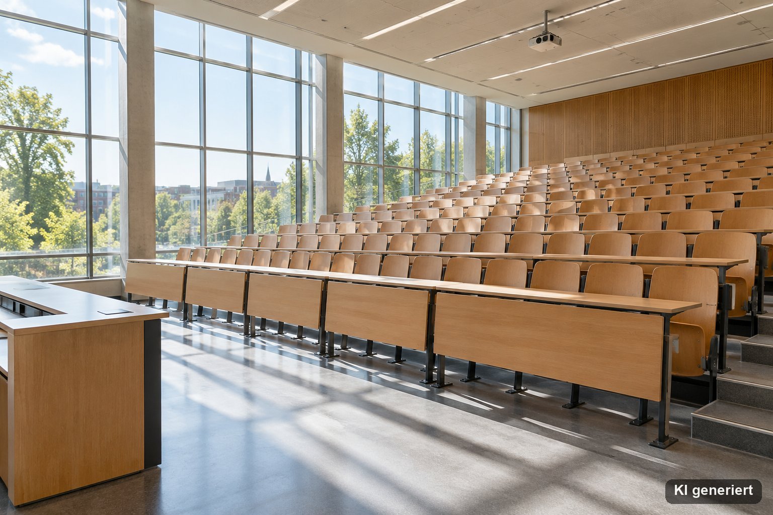 Heller Hörsaal mit leeren Stuhlreihen am Vormittag