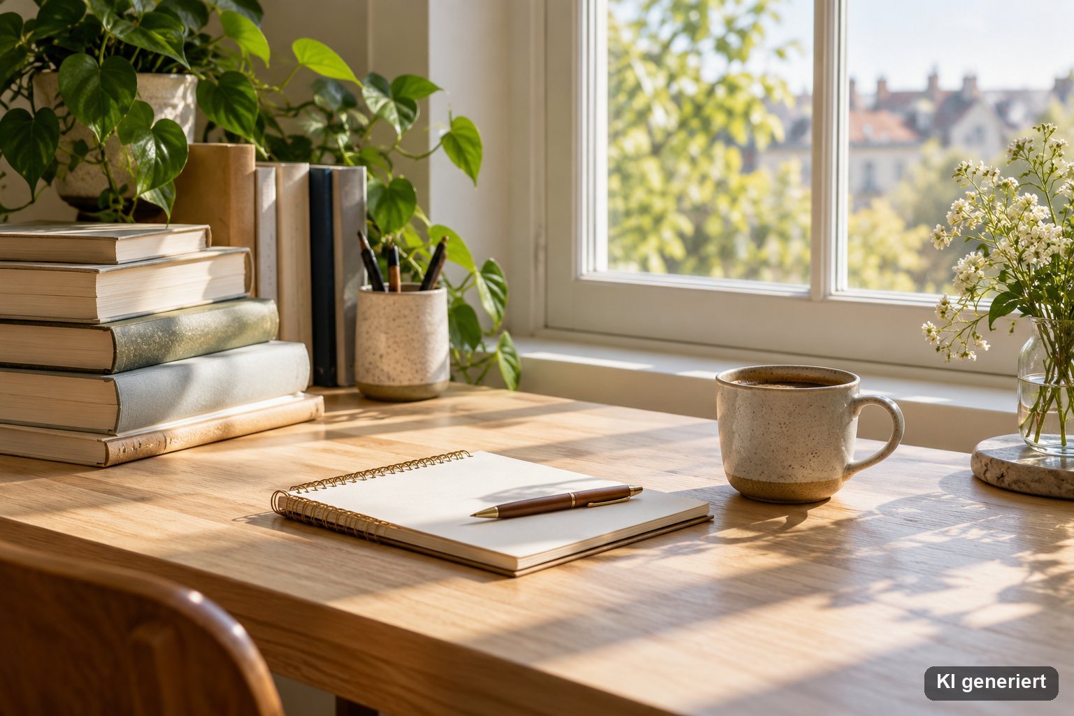Schreibtisch am Fenster mit Büchern, Notizbuch und Kaffeetasse