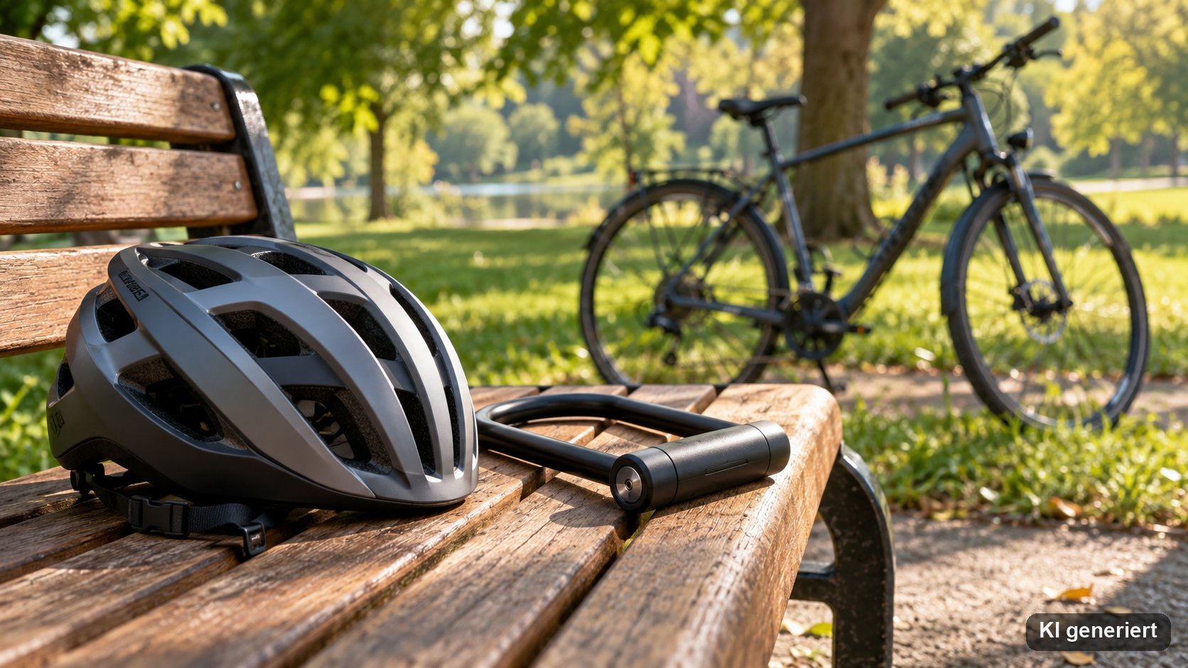 Fahrradhelm und Bügelschloss auf einer Holzbank, dahinter ein abgestelltes Fahrrad
