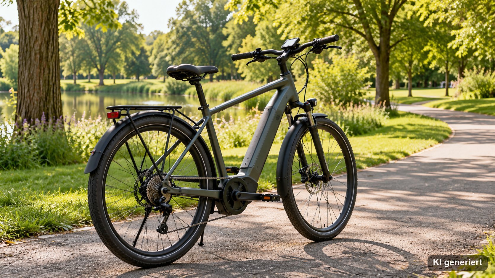 Pedelec mit Tacho am Lenker auf einem Radweg im sonnigen Park