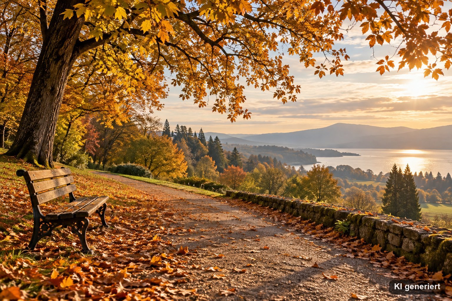 Ruhiger Weg durch einen herbstlichen Park mit goldenem Laub und einer leeren Bank am Wegrand
