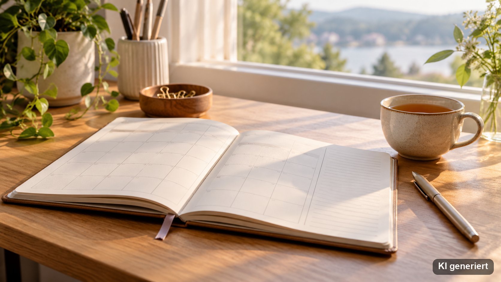 Schreibtisch am Fenster mit Kalender, Stift und Teetasse