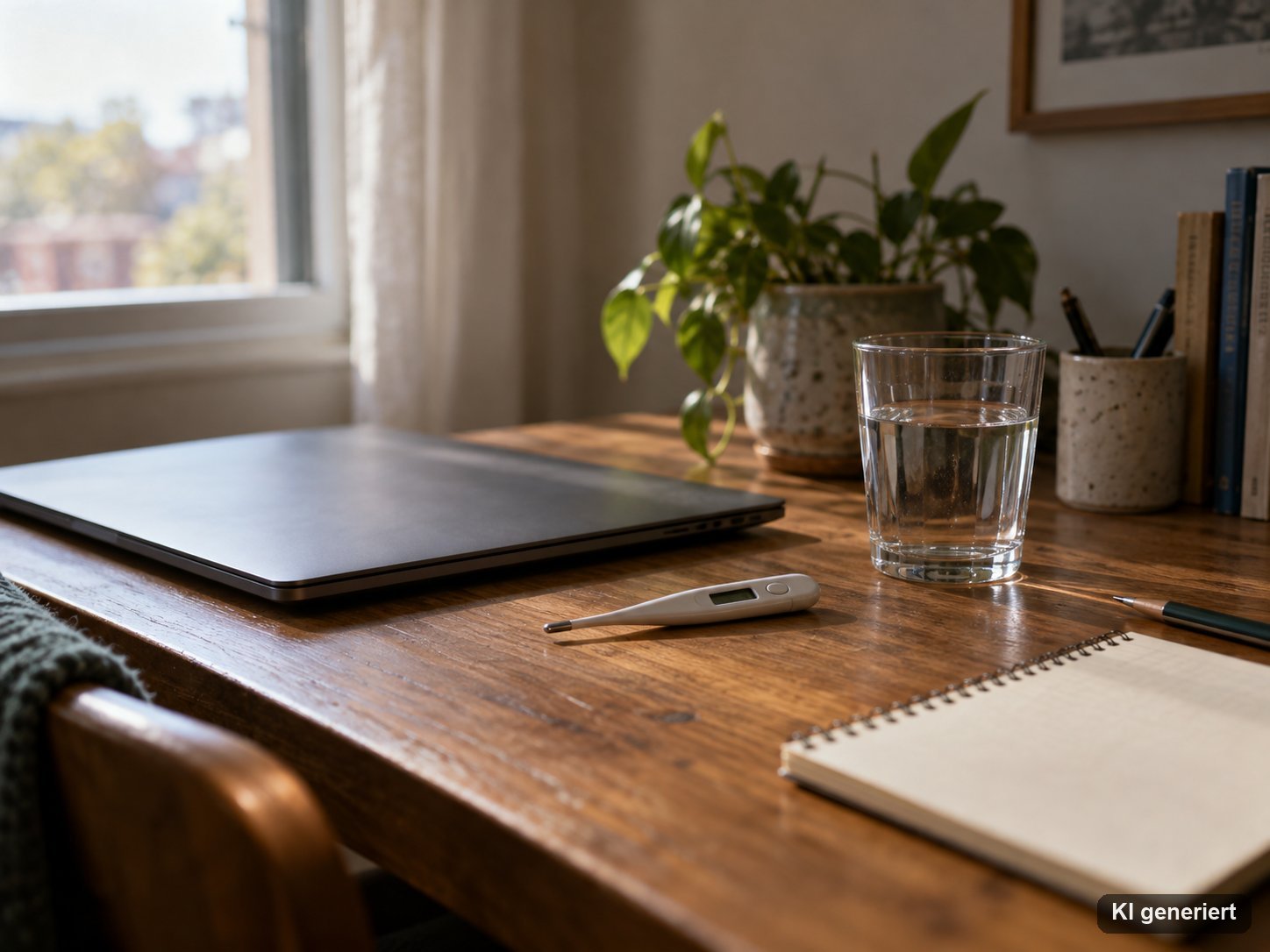 Aufgeräumter Schreibtisch mit geschlossenem Laptop, digitalem Fieberthermometer, Wasserglas und Notizblock im Fensterlicht