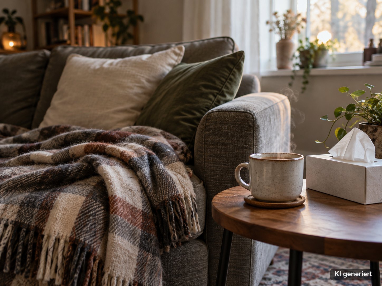 Gemütliche Sofaecke mit gefalteter Wolldecke, dampfender Teetasse und Box mit weißen Taschentüchern im Tageslicht