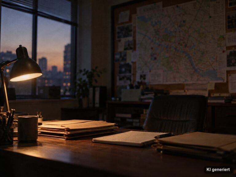Ruhiges Büro mit Aktenmappen, Schreibtischlampe und unscharfer Stadtkarte an einer Pinnwand am Abend
