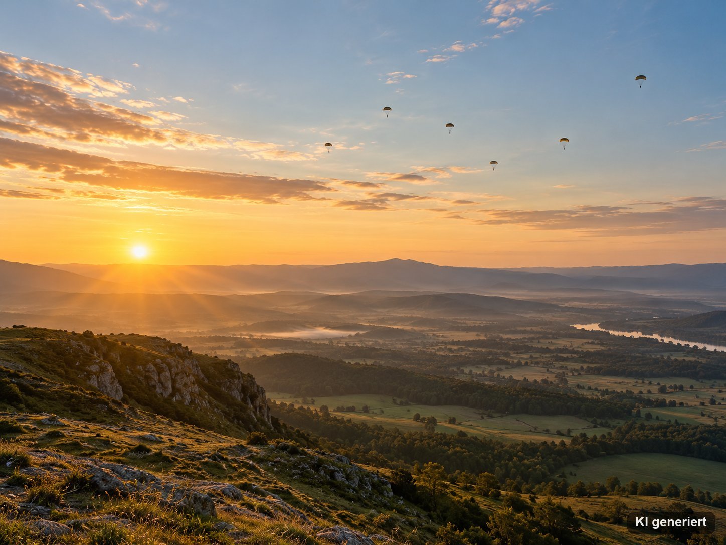 Weite Landschaft mit mehreren Fallschirmen am Himmel bei Sonnenaufgang