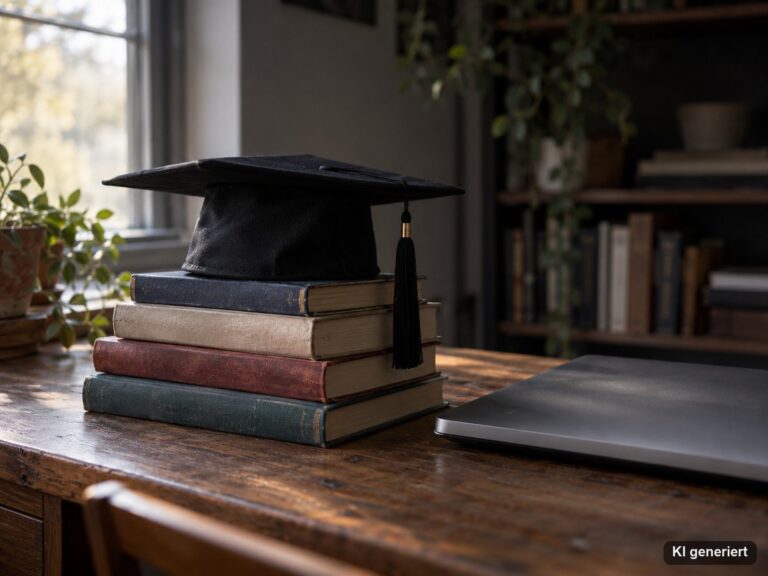 Stapel Fachbücher mit schwarzem Doktorhut neben einem geschlossenen Laptop auf einem Holzschreibtisch