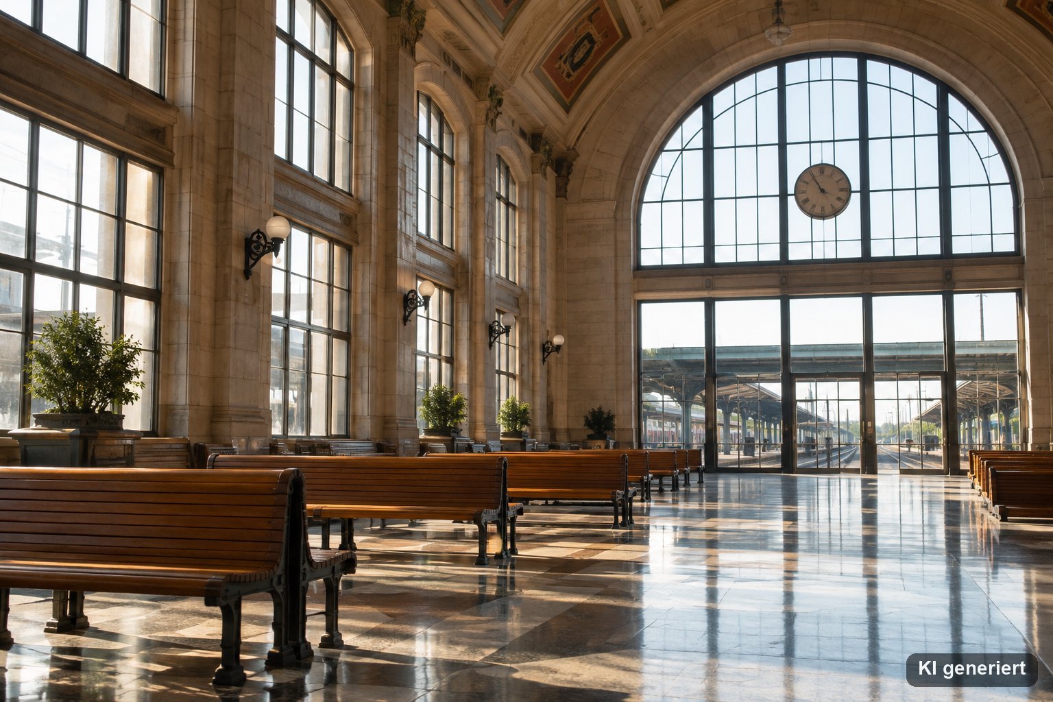 Leere Bahnhofshalle an einem Feiertagmorgen mit hohen Fenstern, leeren Bänken und hellem Licht