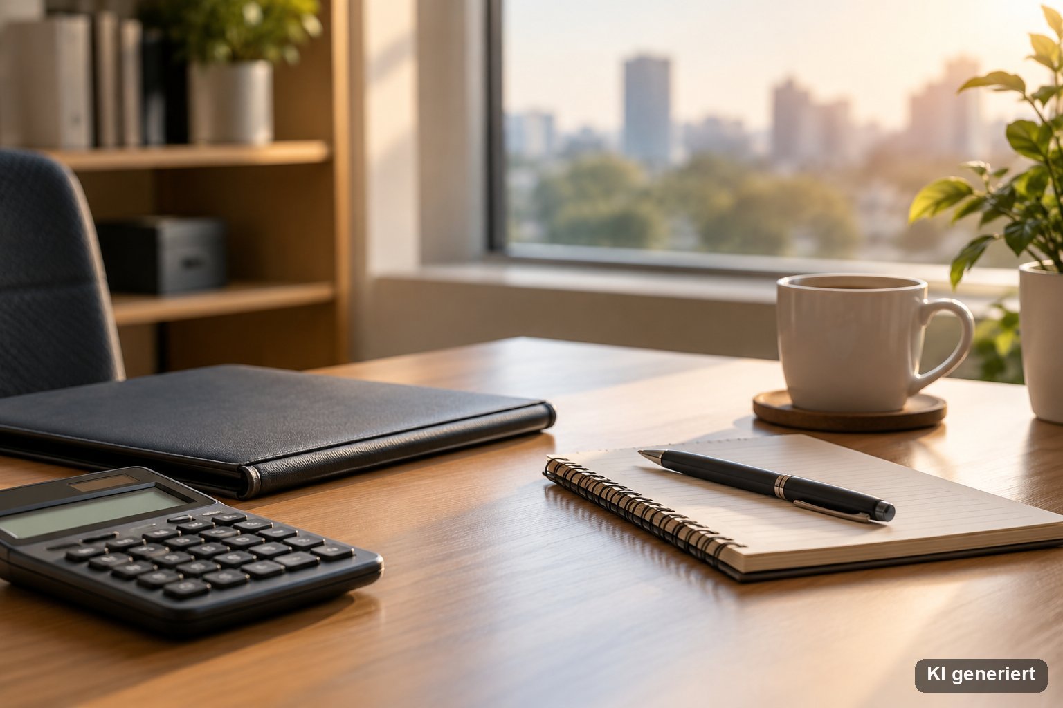 Aufgeräumter Schreibtisch mit Taschenrechner, Mappe, Kaffeetasse und Notizblock im warmen Tageslicht