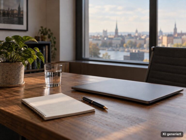 Aufgeräumter Beraterschreibtisch mit geschlossenem Laptop, Stift, Notizblock, Wasserglas und kleiner Pflanze im Tageslicht