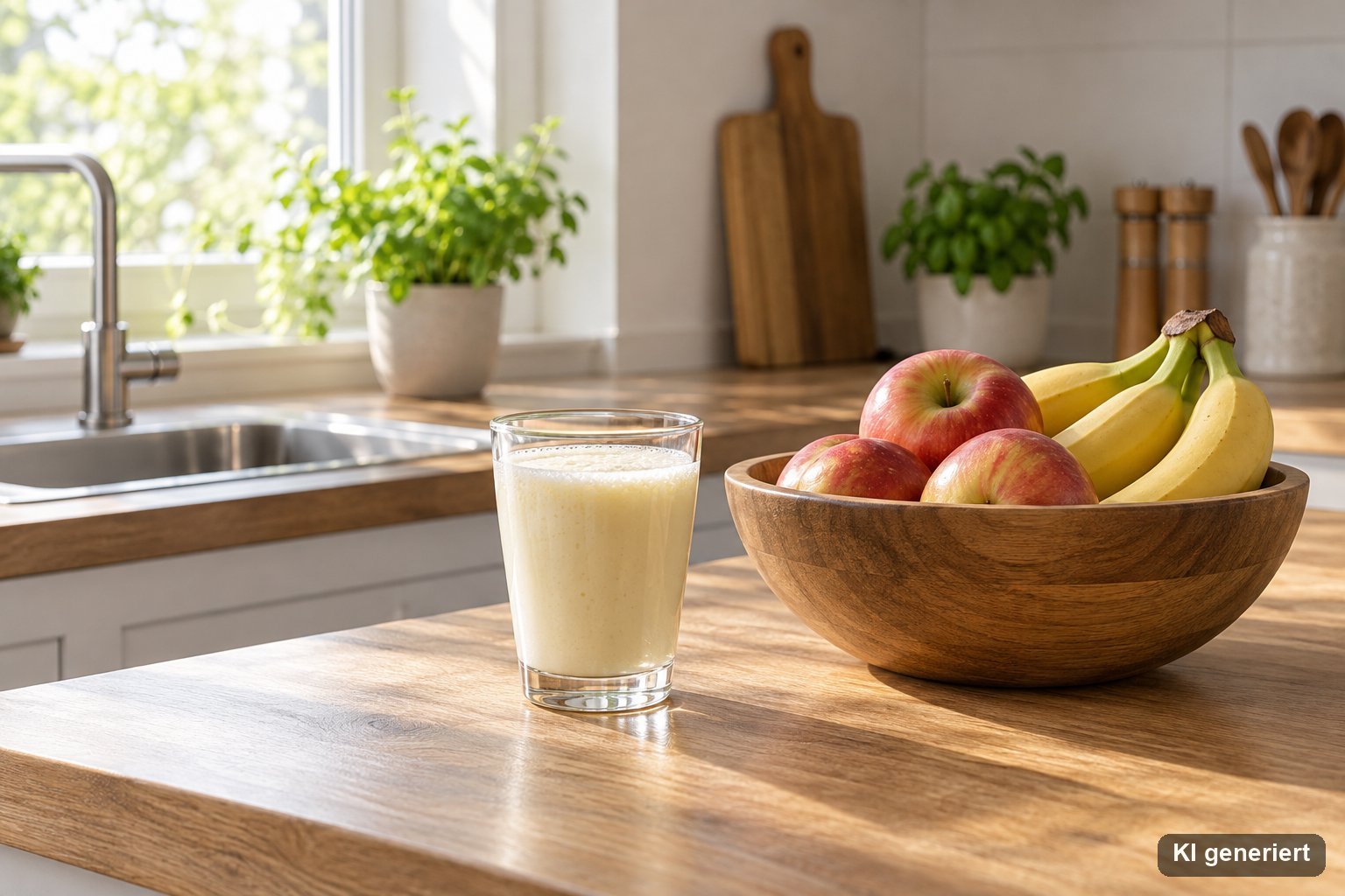 Kleines Glas mit Flüssigkeit und leichtem Schaum auf der Küchenarbeitsplatte neben einer Obstschale