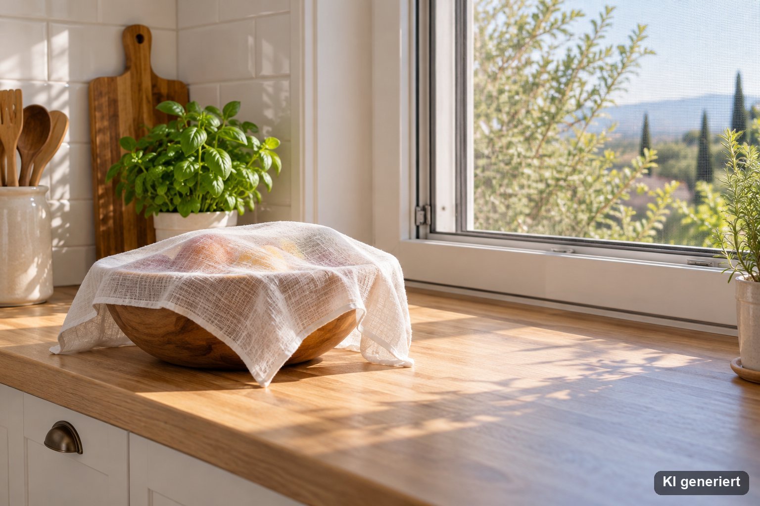 Aufgeräumte Küchenarbeitsplatte mit abgedeckter Obstschale unter einem Baumwolltuch und geöffnetem Fenster mit Fliegengitter