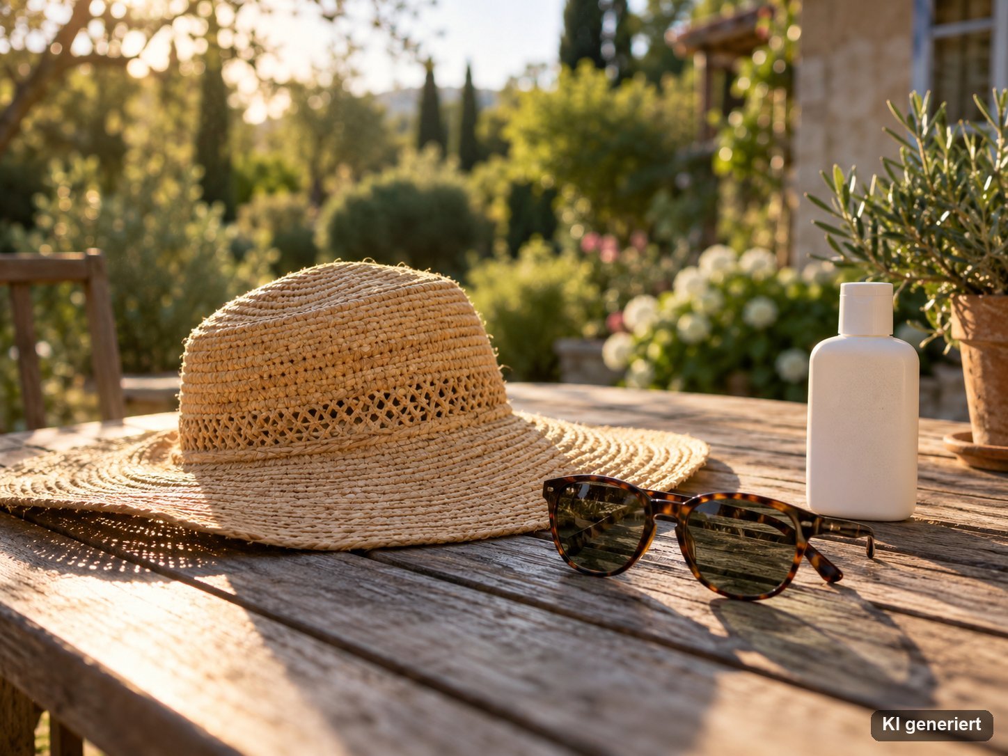 Gartentisch im Spätnachmittagslicht mit Strohhut, Sonnenbrille und einer schlichten weißen Sonnencreme-Flasche