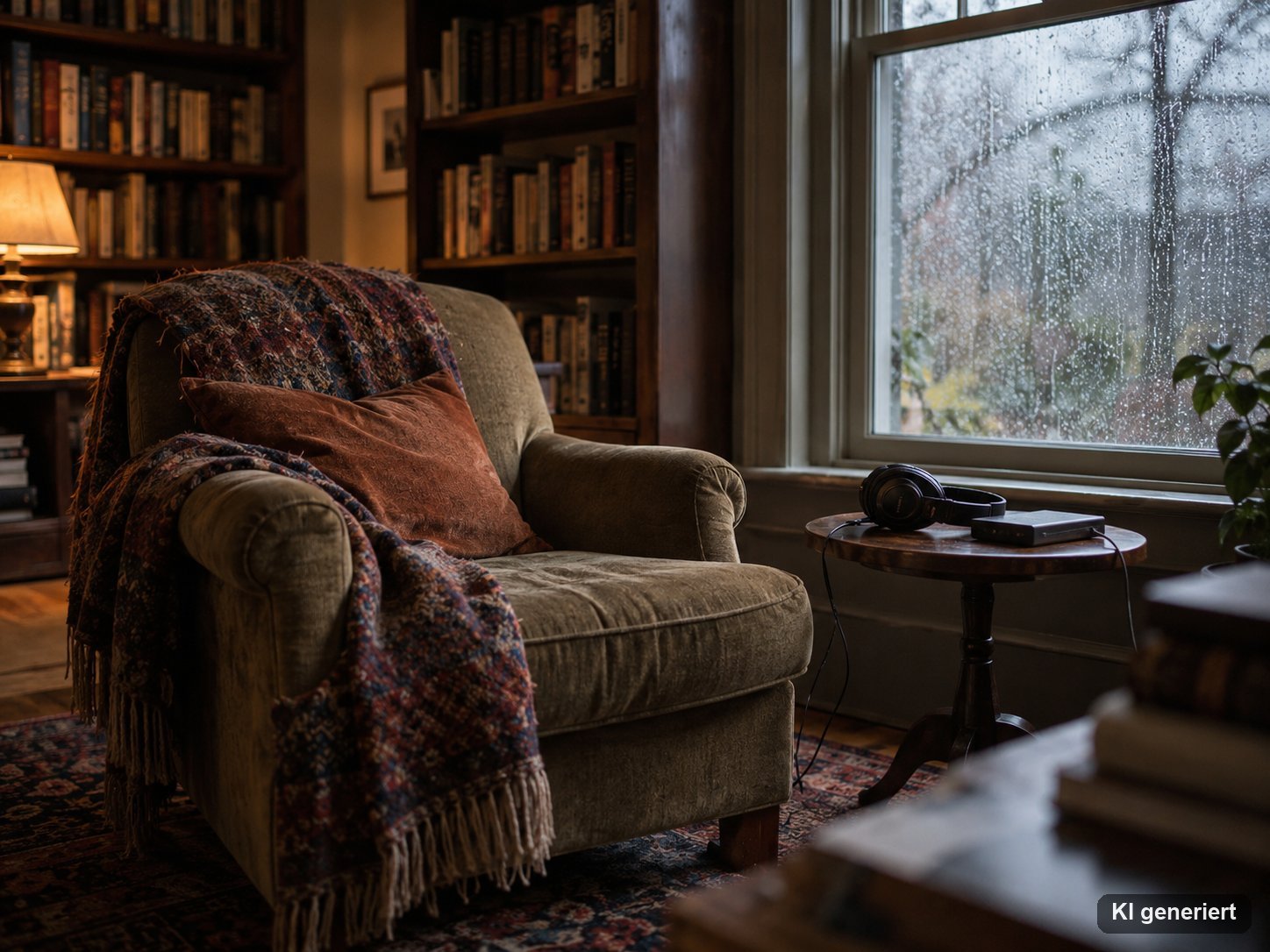 Gemütliches Hörzimmer mit Sessel am Fenster, Hörbuch-Player, Kopfhörern und Bücherregal