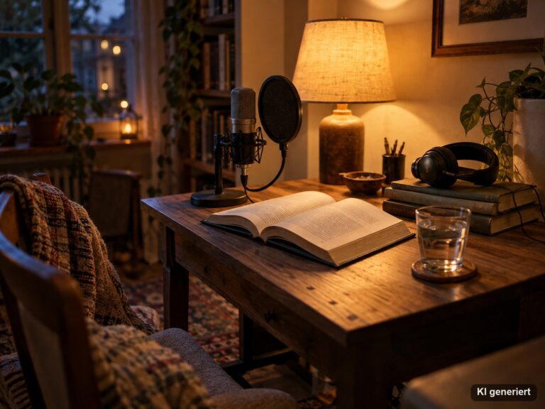 Leseecke mit aufgeschlagenem Buch, Kondensatormikrofon, Kopfhörern und Wasserglas im Abendlicht