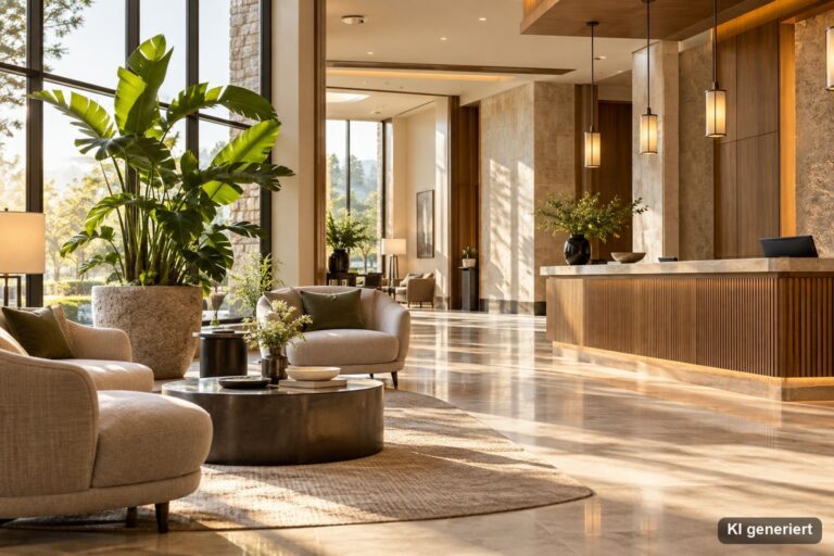 Helle Hotellobby am Morgen mit Empfangstresen aus Holz, Sesseln, großer Pflanze und Licht durch hohe Fenster