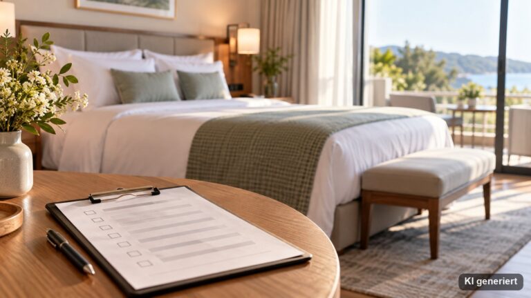 Hotelzimmer mit gemachtem Bett und einer Checkliste auf dem Tisch