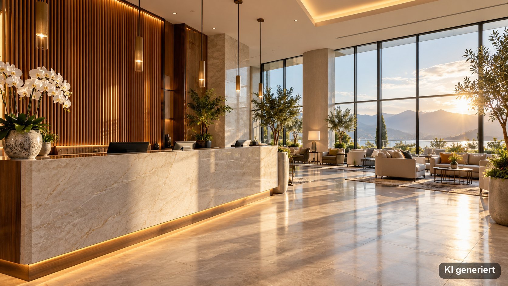 Leere Hotelrezeption im Morgenlicht