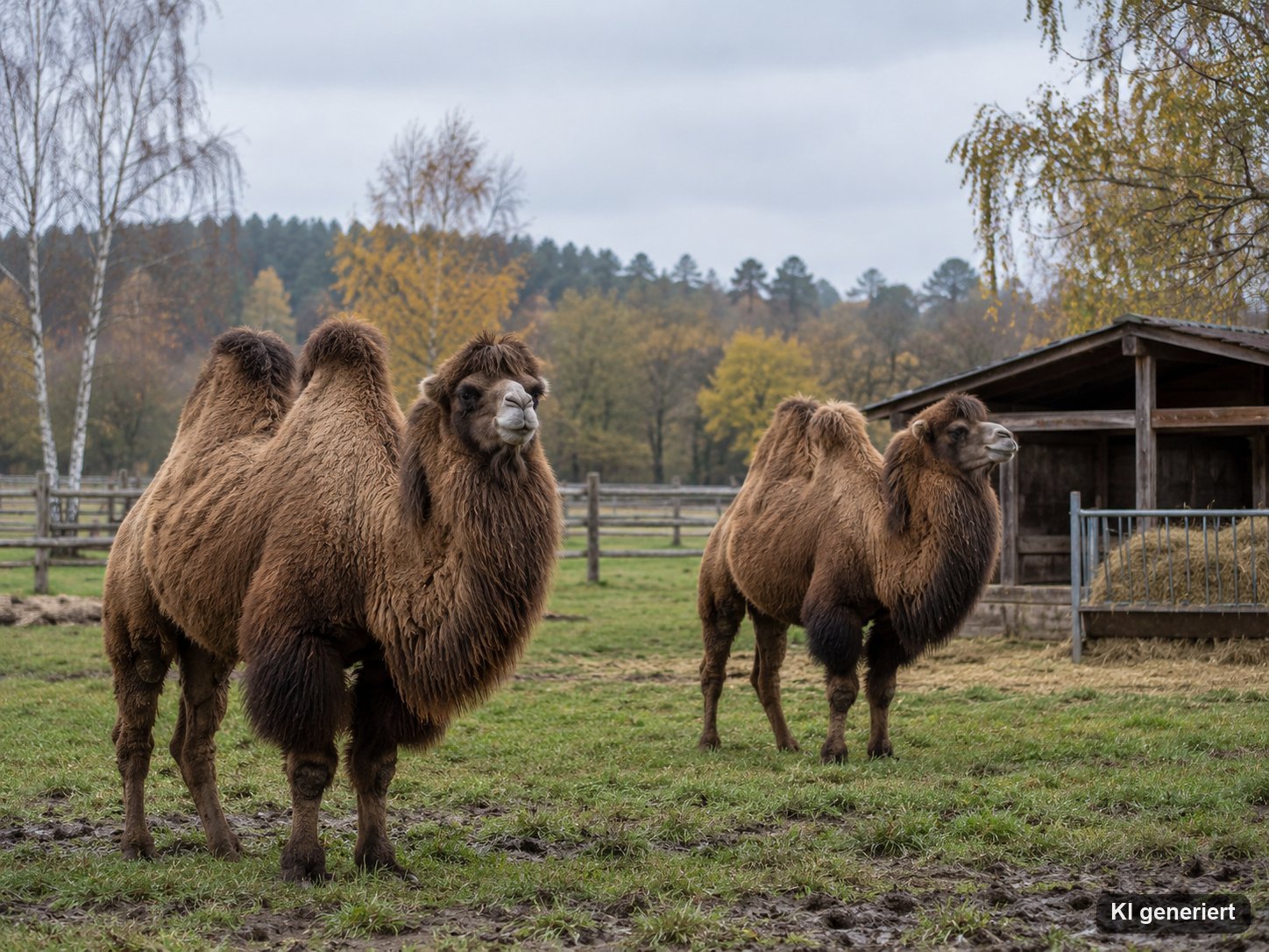 Zwei Trampeltiere mit dichtem Herbstfell auf einer eingezäunten Weide in Deutschland