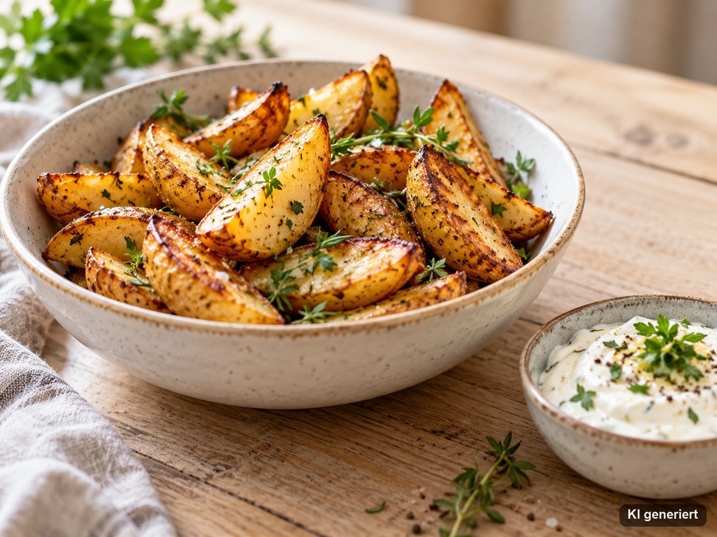 Schale mit knusprigen Kartoffelspalten, frischen Kräutern und einem Dip