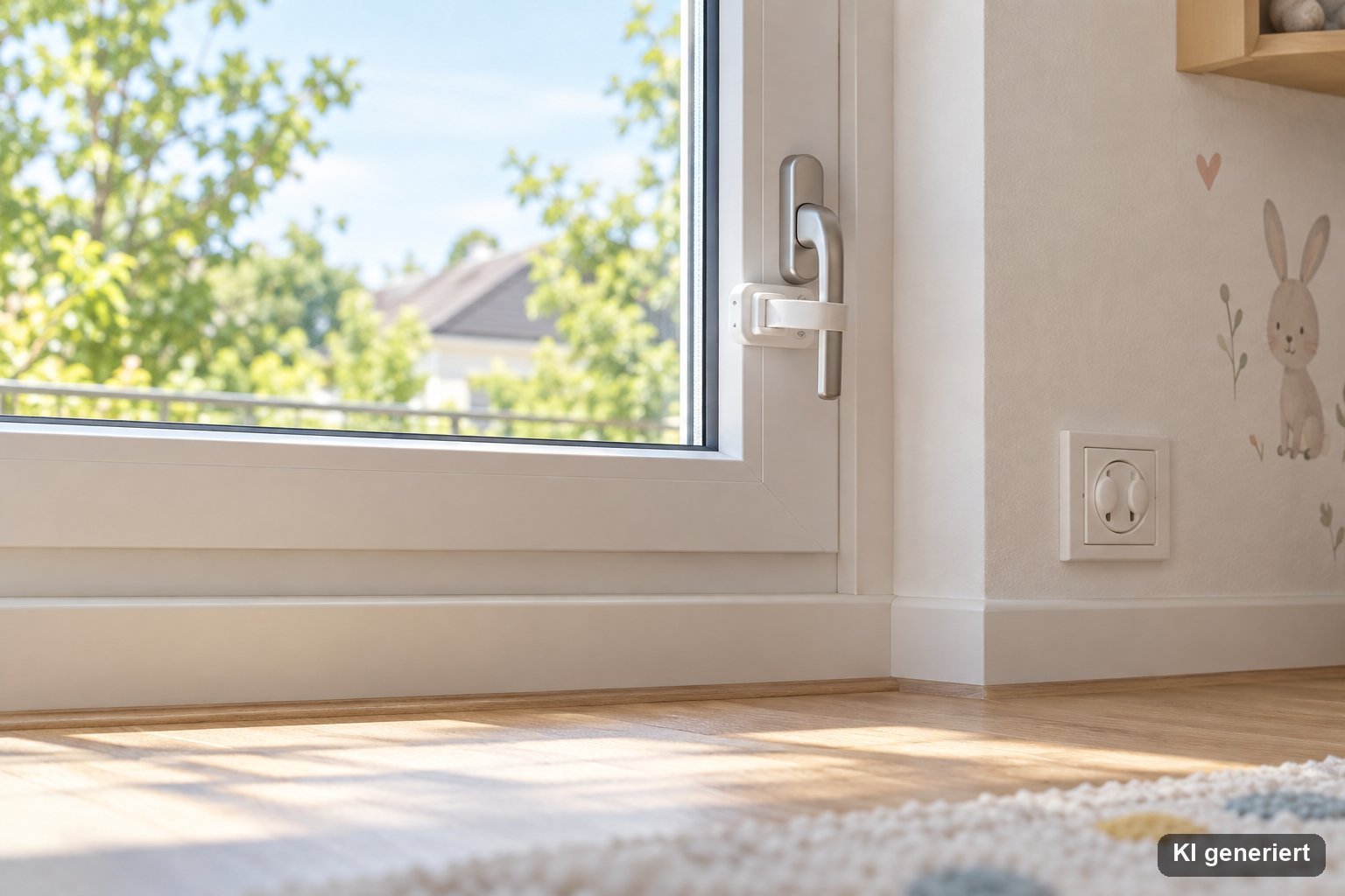 Kinderzimmerfenster mit Fenstersicherung und Steckdose mit Kindersicherung