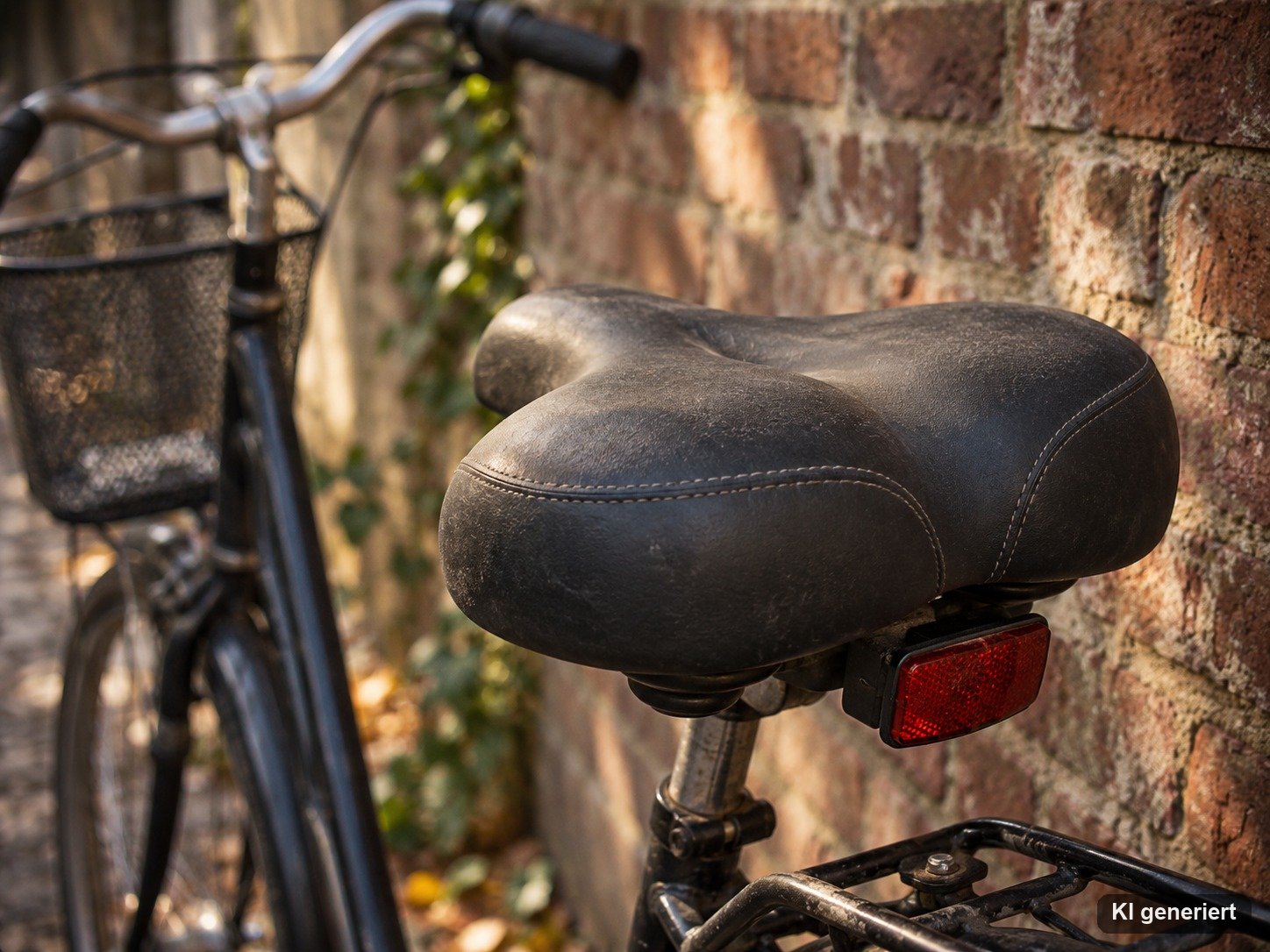Breiter, dick gepolsterter schwarzer Fahrradsattel an einem Citybike vor einer Backsteinmauer