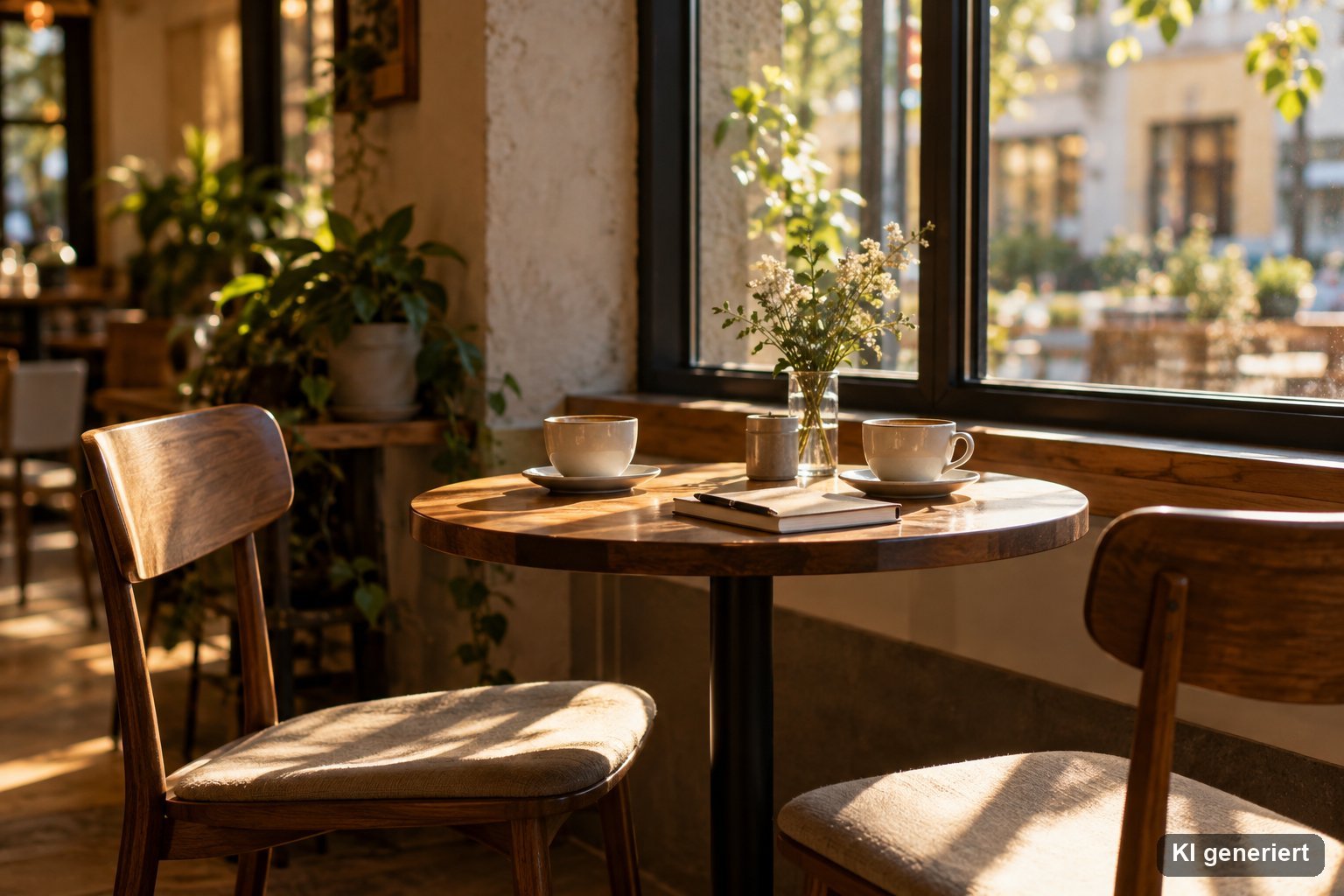 Gemütlicher Café-Tisch am Fenster mit zwei Tassen, Notizbuch und zwei leeren Stühlen im warmen Licht