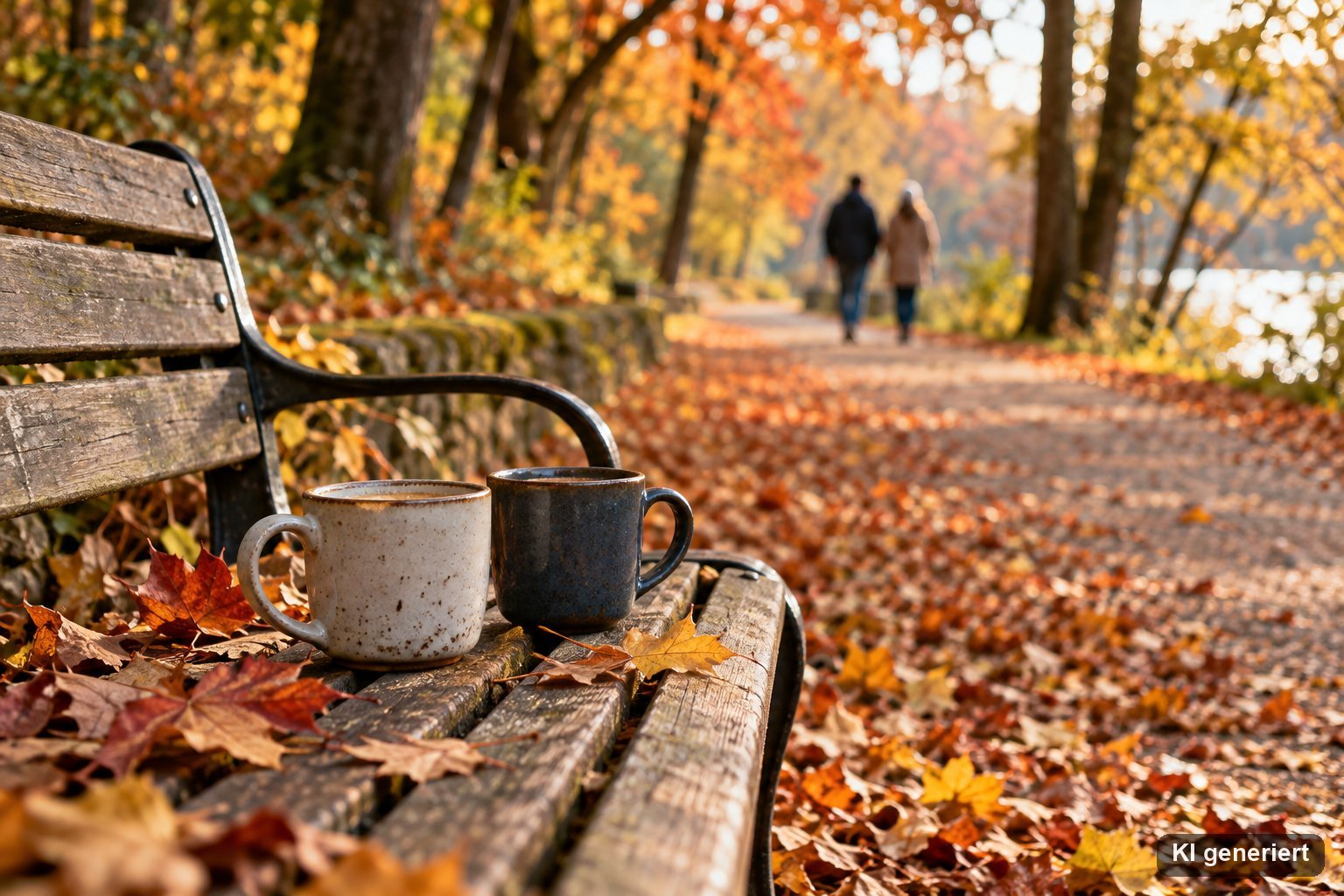 Zwei Kaffeebecher auf einer Parkbank neben einem Weg mit Herbstlaub im weichen Nachmittagslicht