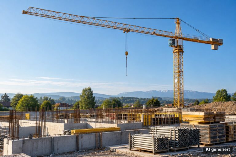 Turmdrehkran auf einer Baustelle im Morgenlicht vor blauem Himmel mit Betonfundament und Baumaterial