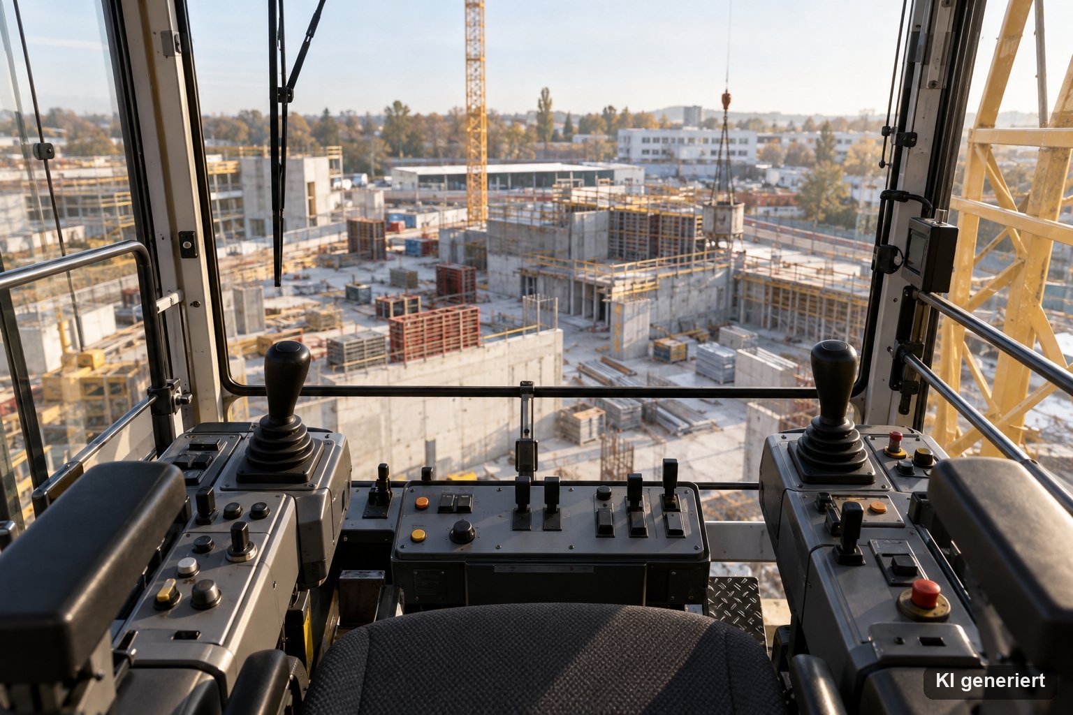 Leere Kranführerkabine mit Steuerpult und zwei Joysticks und Blick auf eine Baustelle im Tageslicht