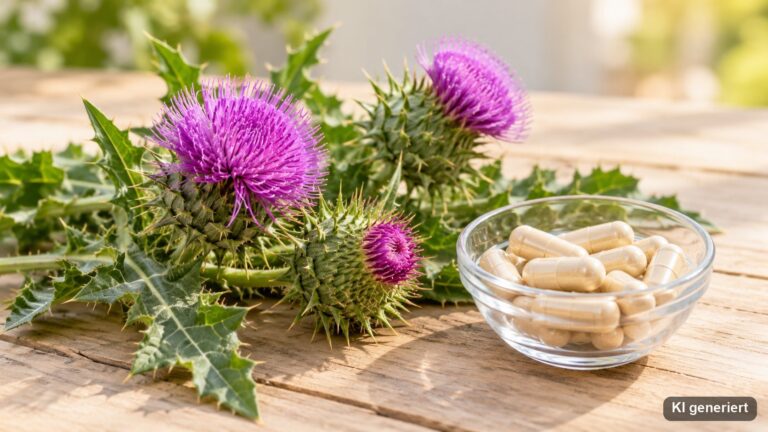 Mariendistel-Blüten und eine Glasschale mit Kapseln auf einem Holztisch