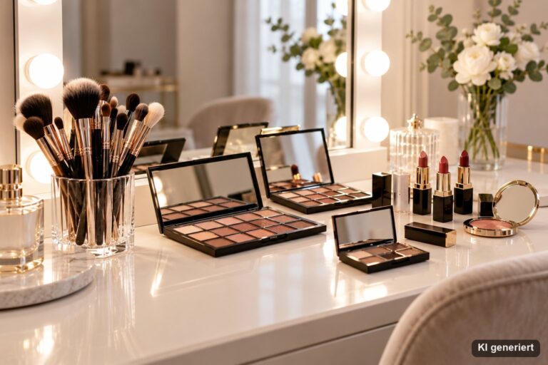 Make-up Arbeitsplatz mit beleuchtetem Spiegel, Pinseln und Paletten