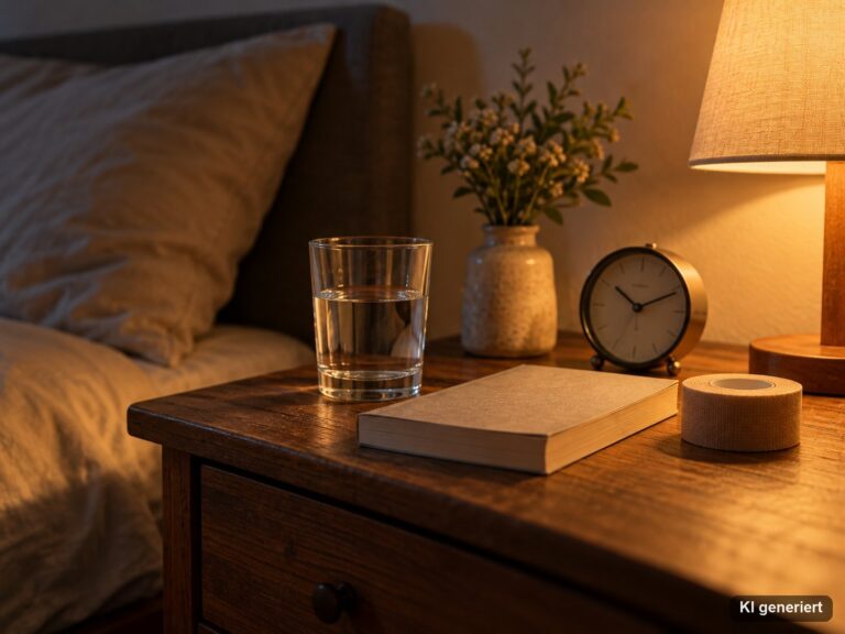 Ruhiger Nachttisch am Abend mit Wasserglas, Wecker, Taschenbuch und einer Rolle hautfarbenem Pflaster im Lampenlicht