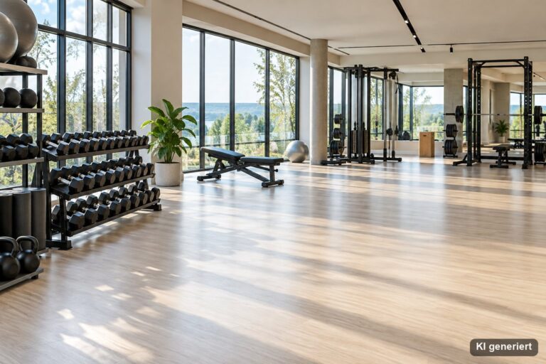 Helle, leere Trainingshalle mit Kurzhanteln im Regal
