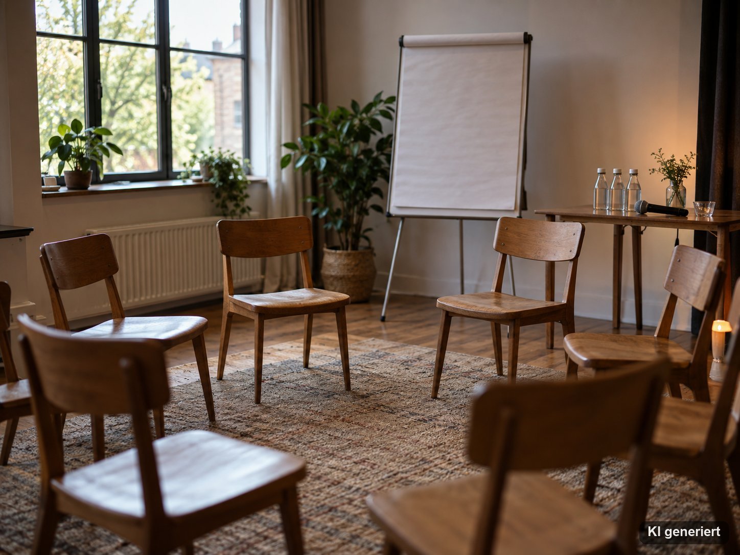 Workshopraum mit Stuhlkreis, Flipchart und Mikrofon im Tageslicht