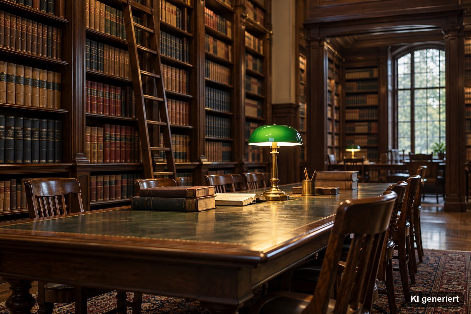 Ruhige juristische Bibliothek mit hohen Regalen voller gebundener Bücher und einem Lesetisch mit grüner Lampe
