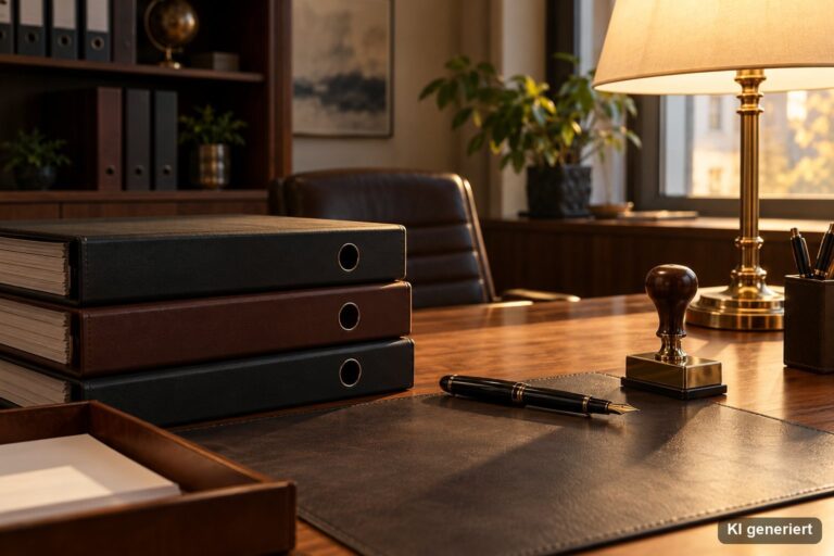 Aufgeräumter Büro-Schreibtisch mit Aktenordnern, Füllfederhalter, Metallstempel und Stehlampe im warmen Licht