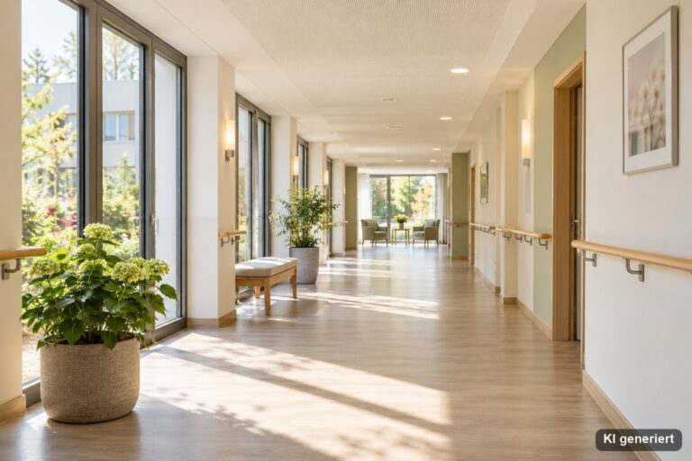 Heller Flur eines Pflegeheims mit Handlauf, ohne Personen
