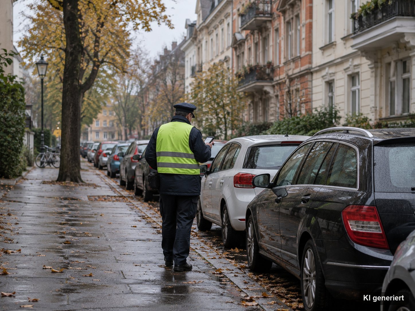 Verkehrsüberwacher in Uniform und Warnweste von hinten beim Kontrollieren parkender Autos in einer Altbaustraße
