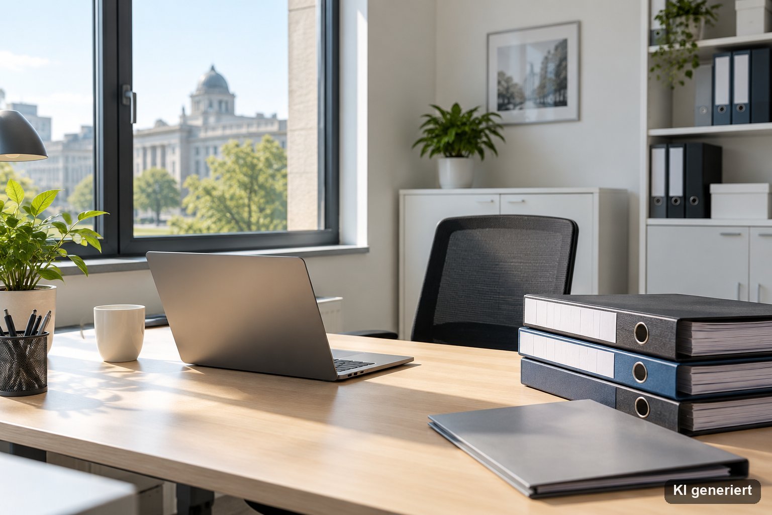 Heller Büroschreibtisch einer Behörde mit Laptop und Aktenordnern