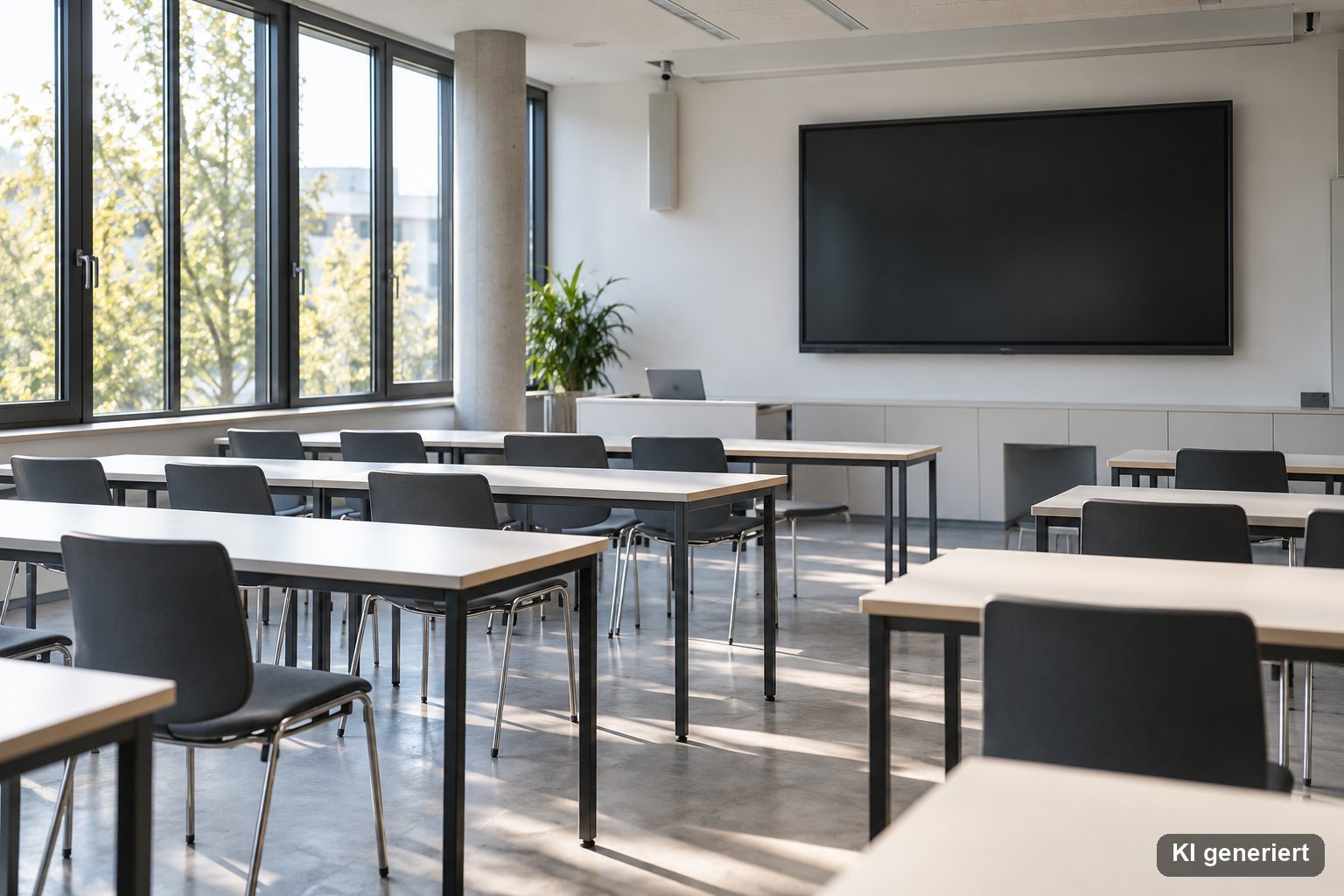 Heller Seminarraum einer Hochschule mit leeren Tischen und Stühlen