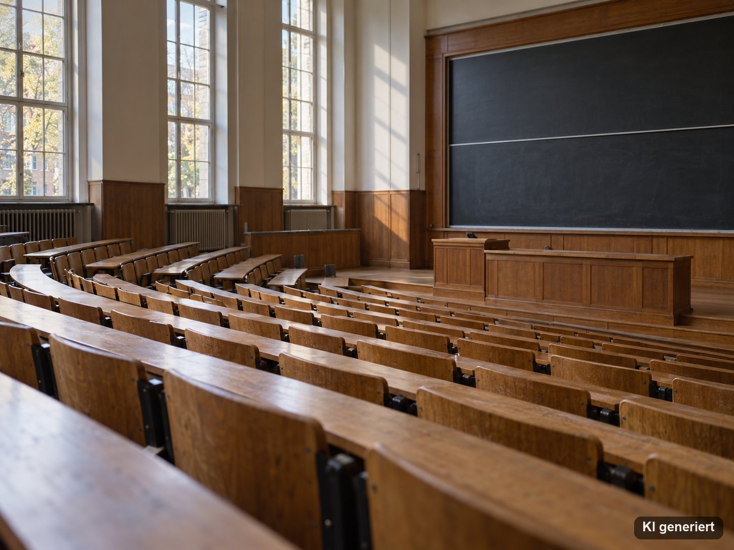 Leerer Hörsaal mit Holzbänken und dunkler Tafel im Tageslicht