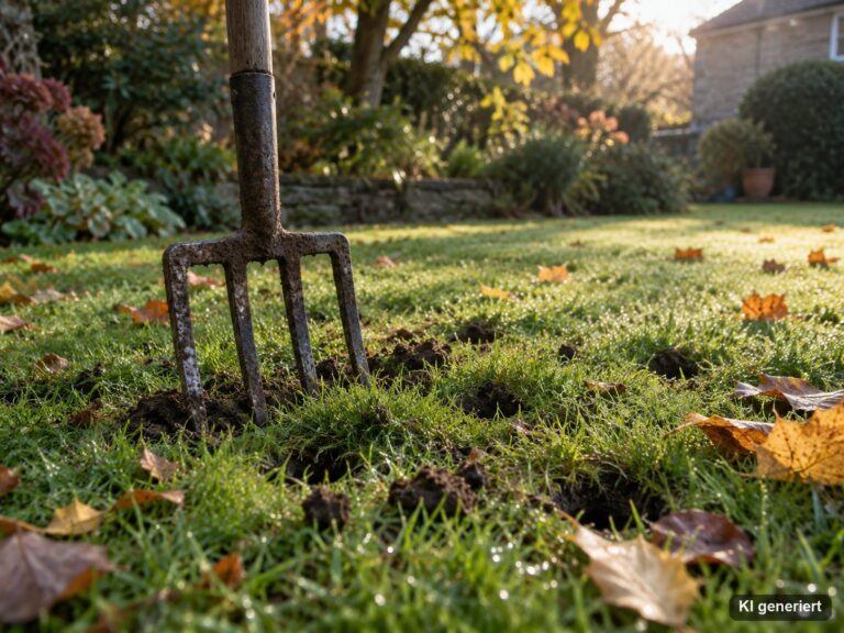 Gartengabel im Rasen mit kleinen Löchern im Boden an einem Herbstmorgen