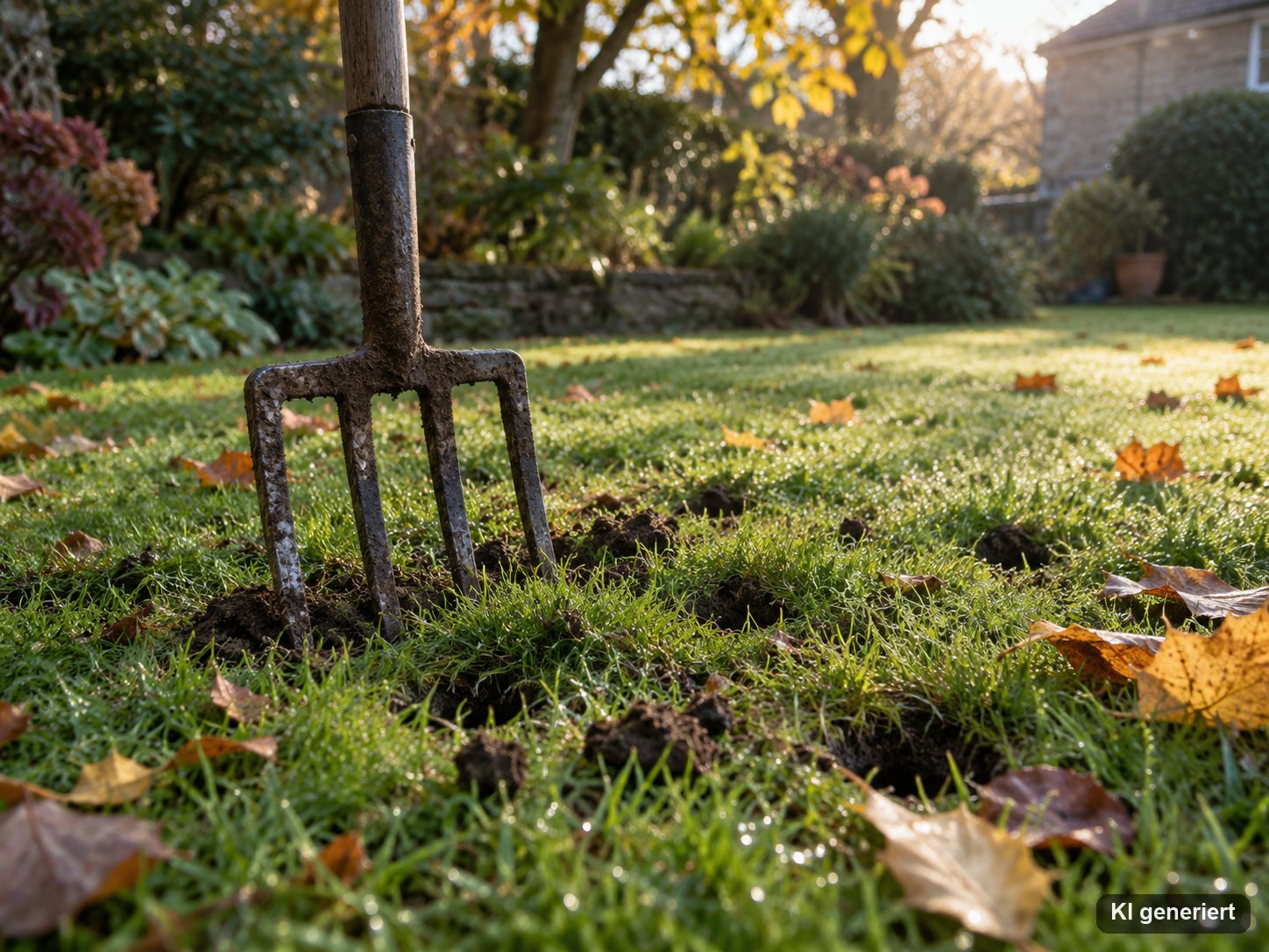 Gartengabel im Rasen mit kleinen Löchern im Boden an einem Herbstmorgen