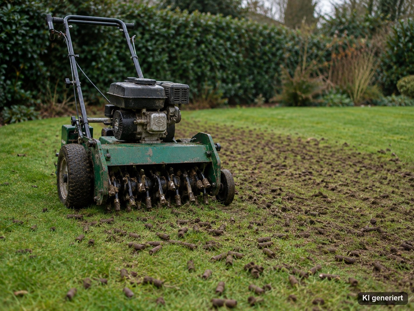 Motorbetriebener Rasenlüfter auf einem Rasenstreifen mit kleinen Erdkernen im Gras
