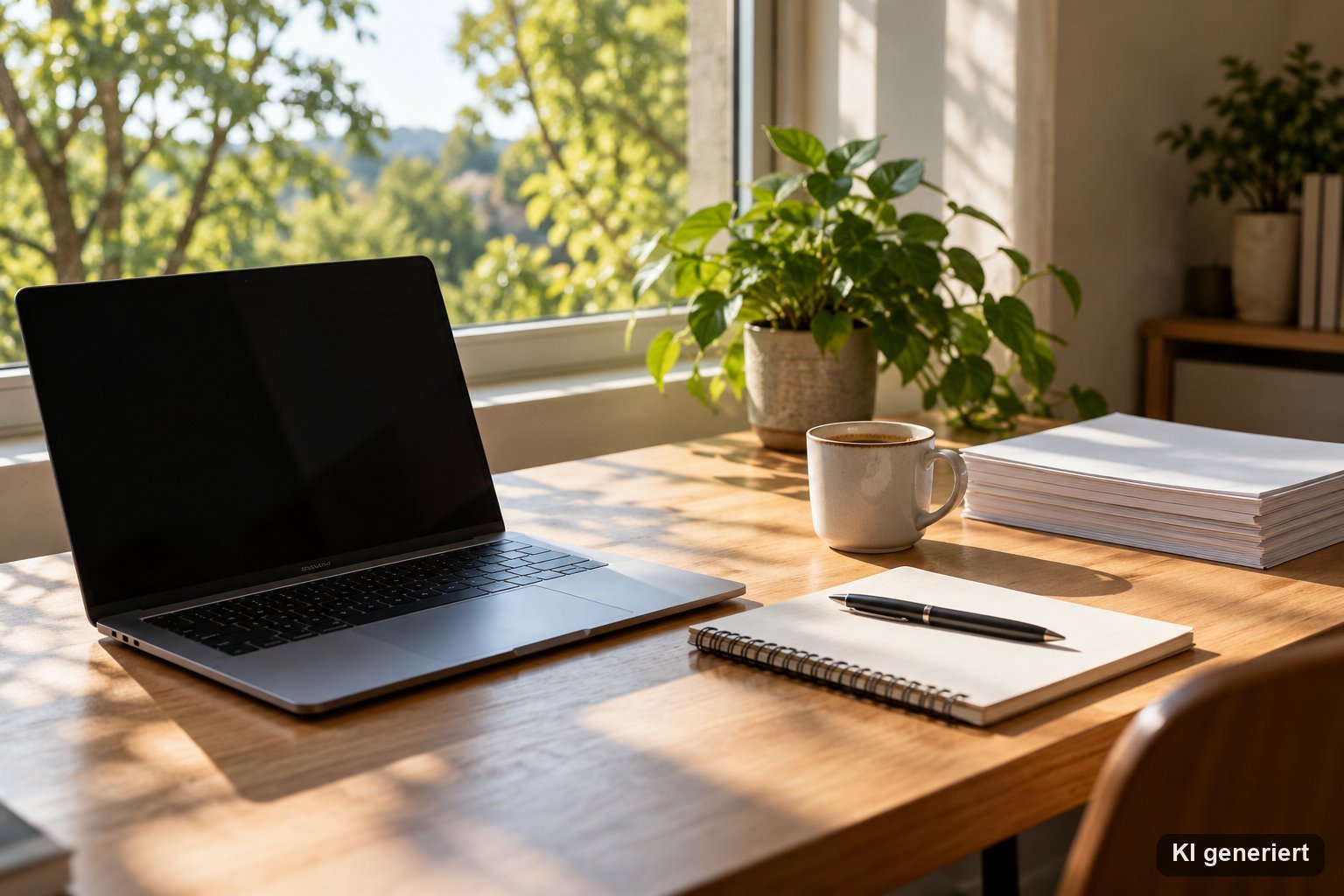 Arbeitsplatz mit Laptop, Notizblock und Papierstapel am Fenster