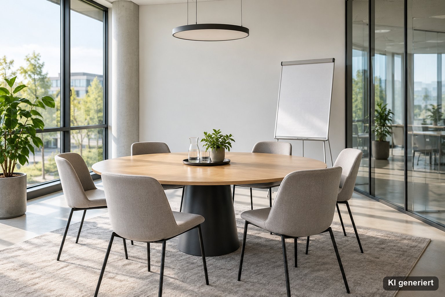 Heller Besprechungsraum mit rundem Tisch und leerem Flipchart