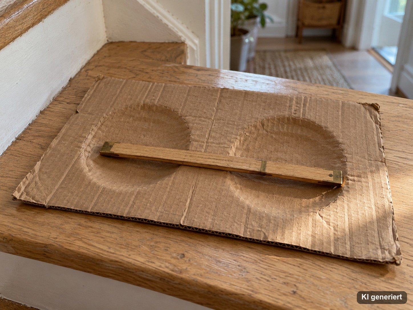Wellpappe mit zwei Sitzknochen-Dellen und einem Zollstock auf einer Holztreppenstufe